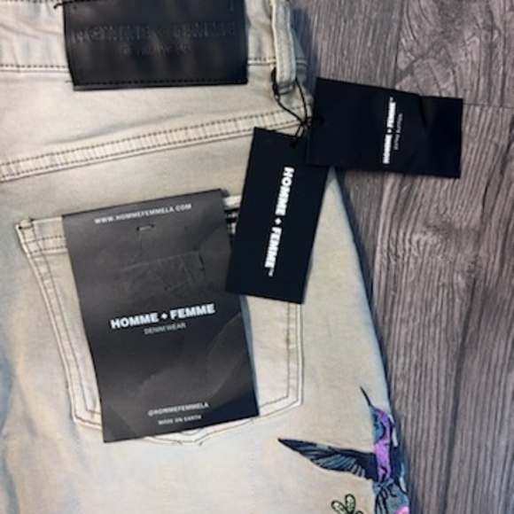 🆕 HOMME + FEMME 🔥 DENIM EMBROIDERED HUMMINGBIRD FLORAL SHORTS - Picture 6 of 7